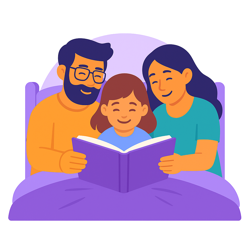 A family enjoying story time together with a mobile device